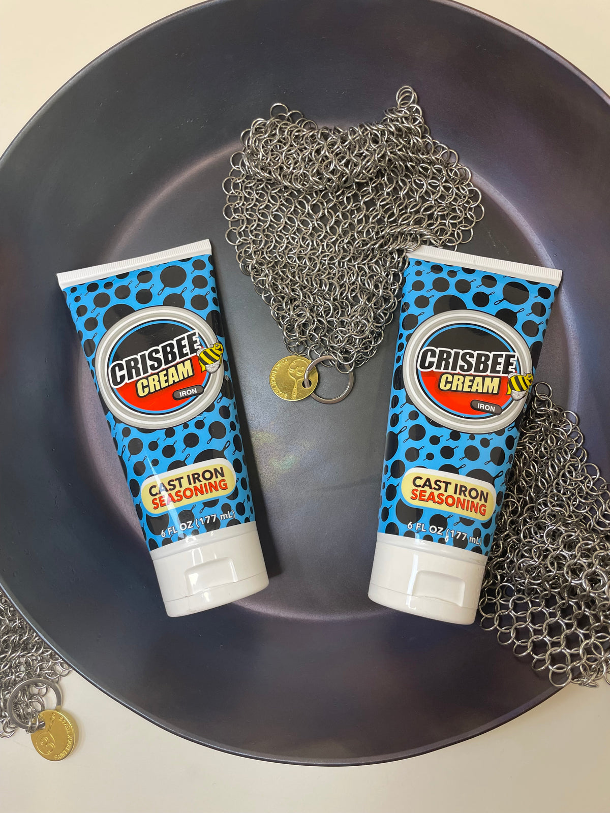 Crisbee Cream & Chainmail Scrubber Bundle – Cast Iron Seasoning Kit